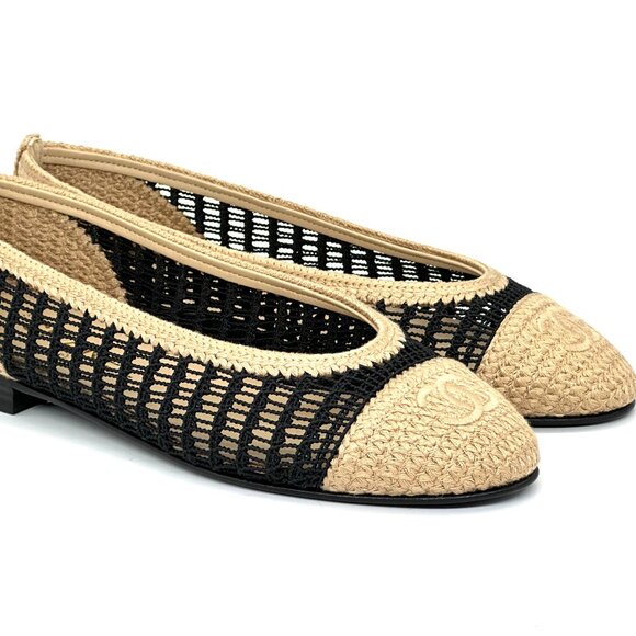 CHANEL 25P CC Raffia Crochet Woven Two Tone Cap Toe Ballerina Ballet Flats - Picture 8 of 15